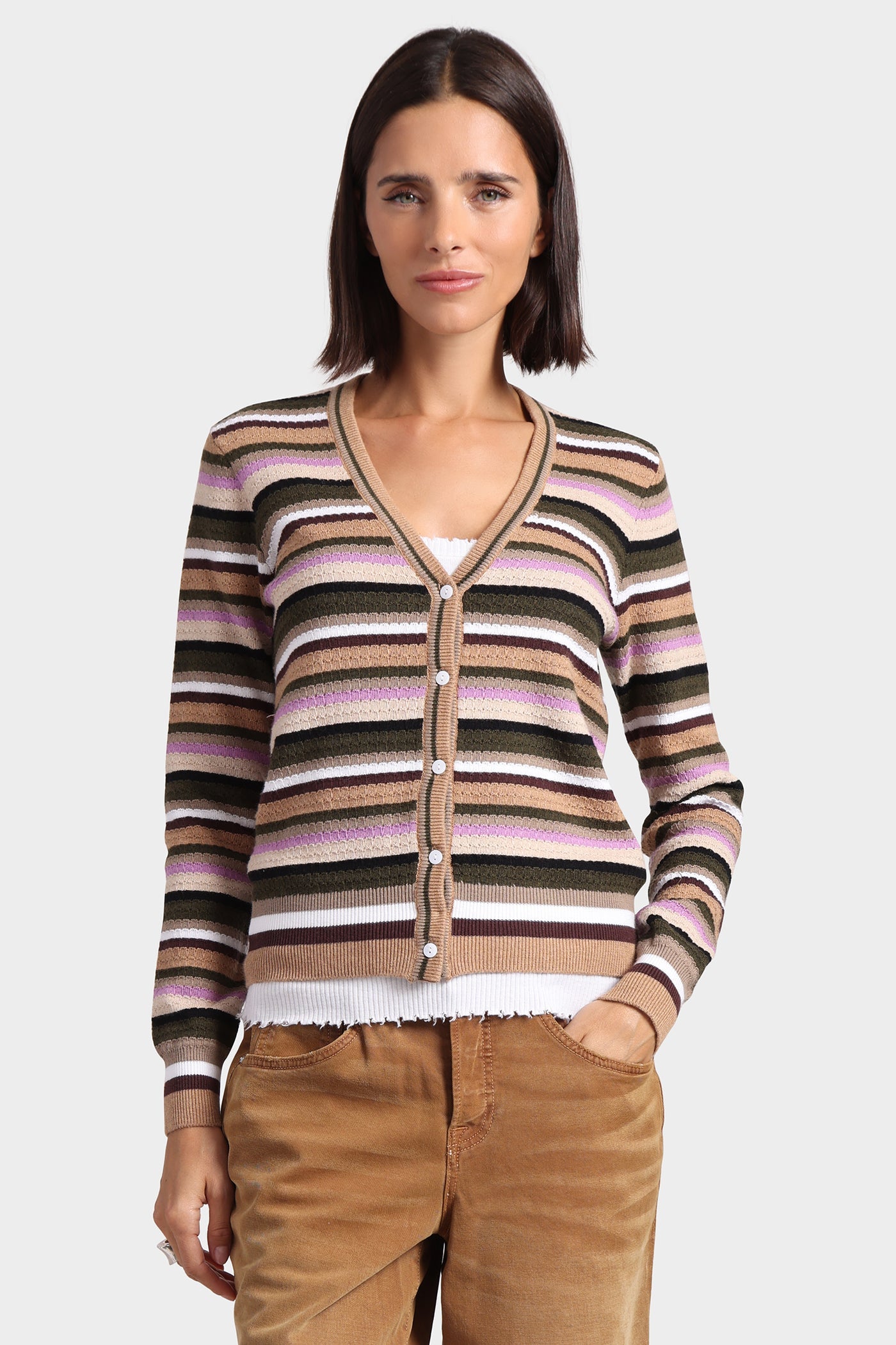 Cotton Cashmere Weekend Texture Stripe Cardigan - Army Combo