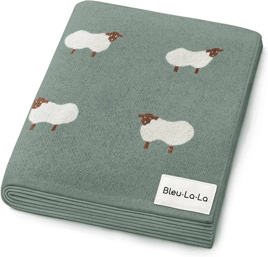 100% Luxury Cotton Receiving Swaddle Baby Blanket - Sheep -  Hunter Green