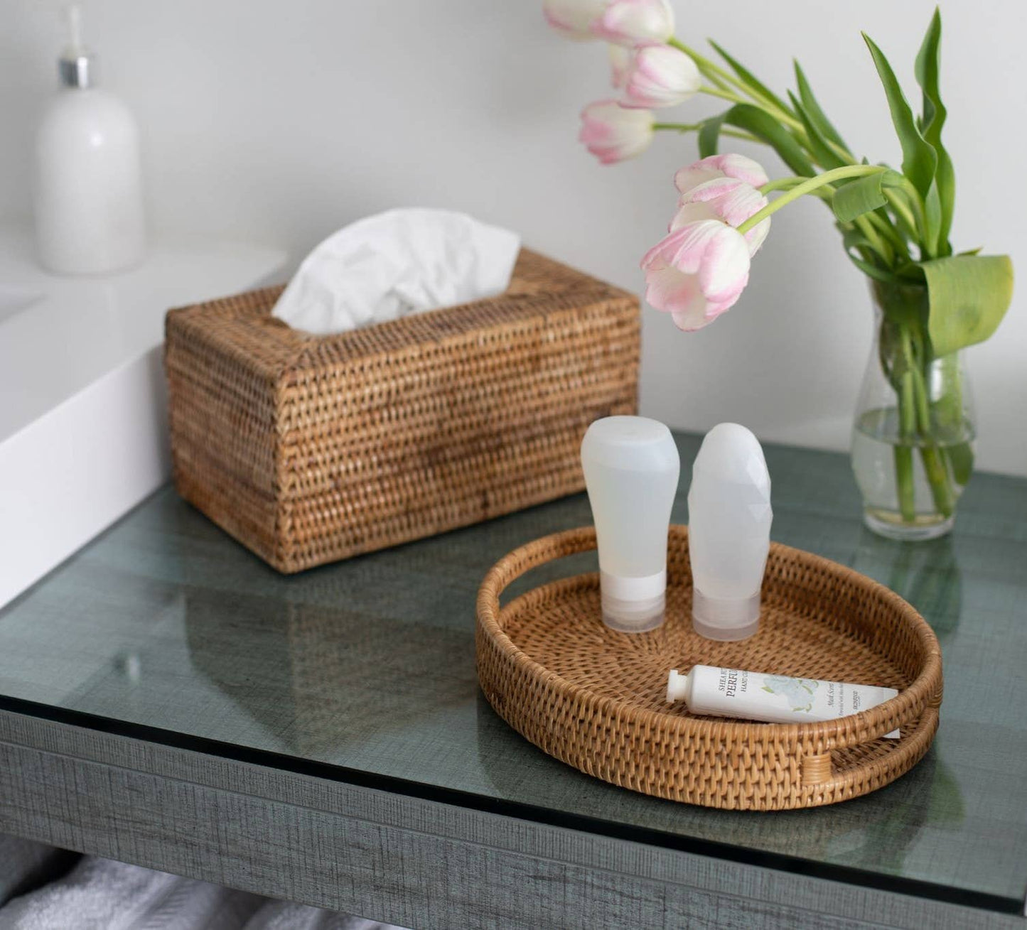 Rattan Rectangular Tissue Box Cover: Honey Brown