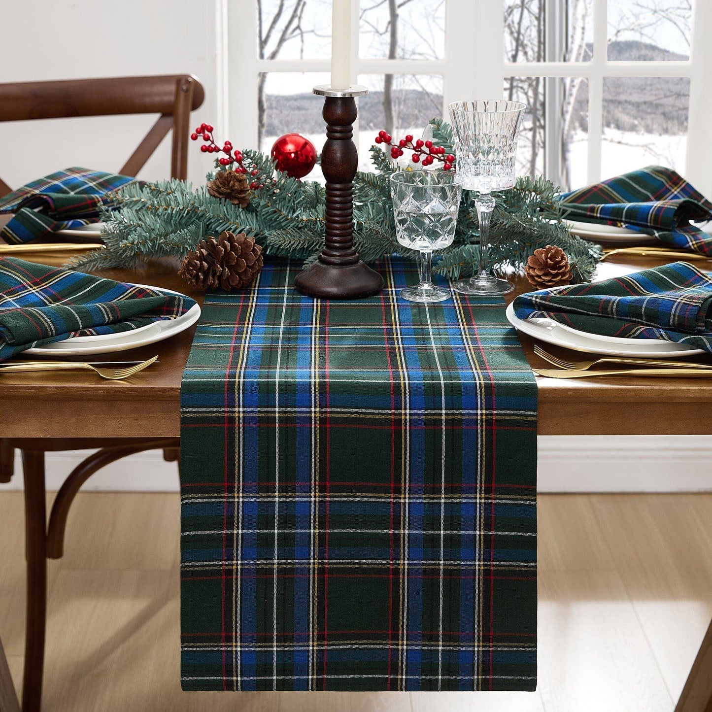 Stowe Tartan Holiday Plaid Cotton Christmas Table Runner: Green