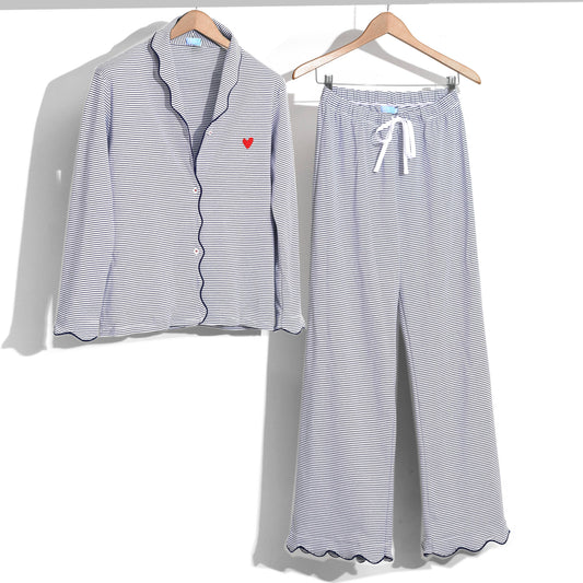 Harbor Heart Stitch Stripe Women’s Button Front Long Pajama Set: Navy Stripe