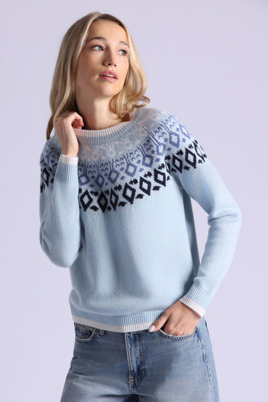 Cashmere Fair Isle Crew Neck with Tipping - Fresco Blue Combo