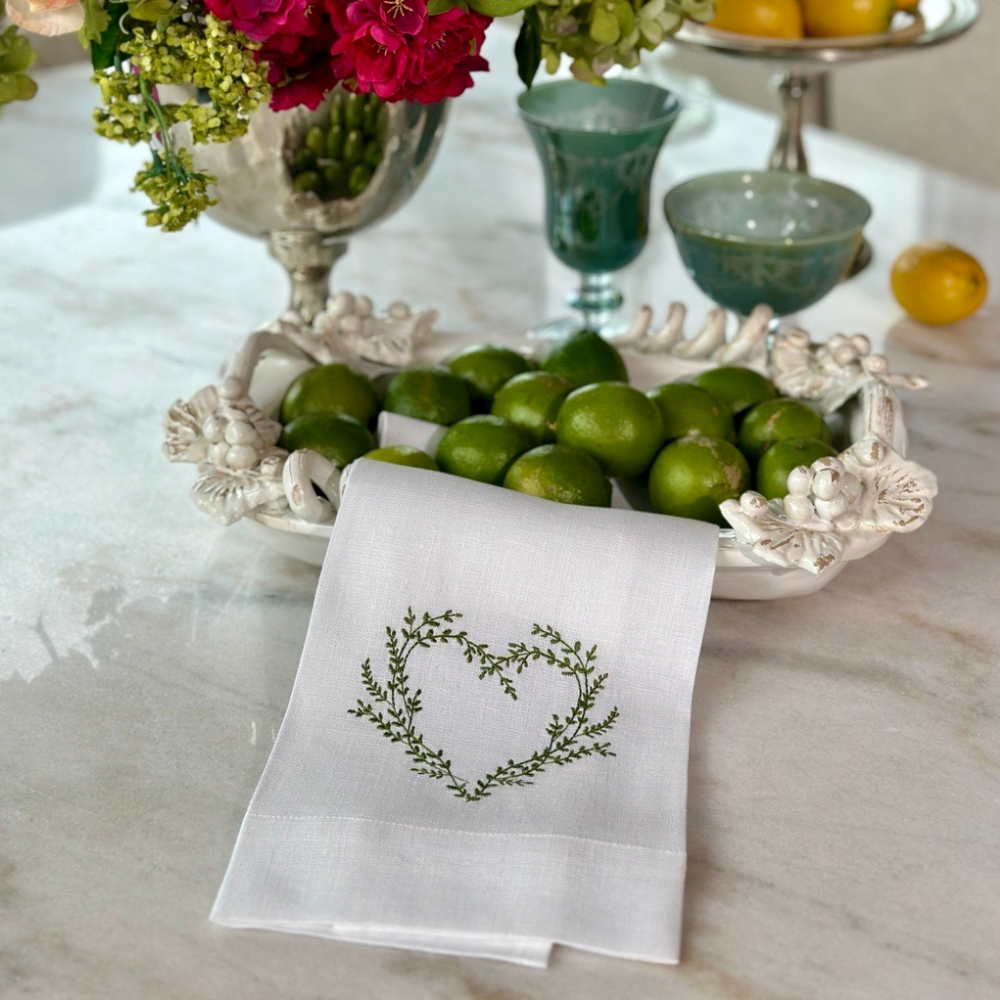 Vineyard Heart Linen Towel - White (Green)