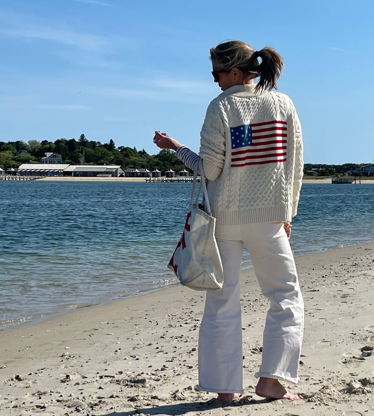 1/2 Zip Cable USA Flag Sweater - Ivory