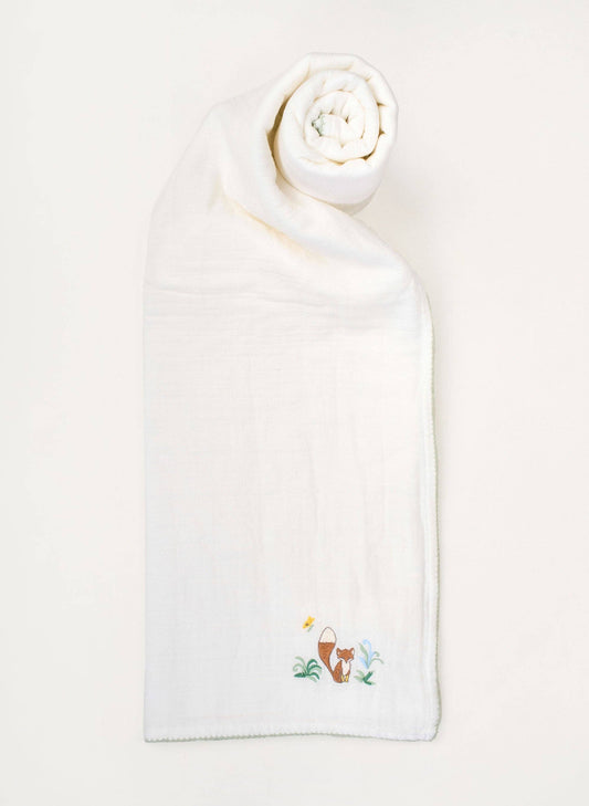 Shawl Blanket - Fox Embroidered - White