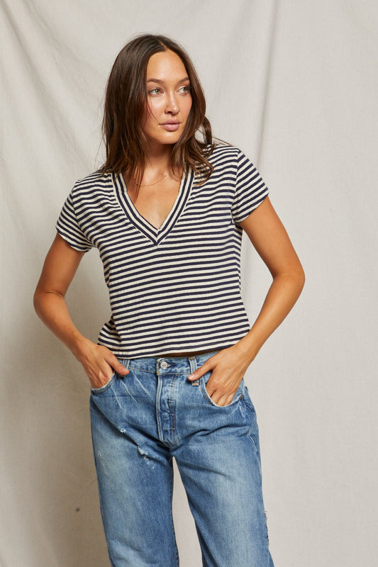 Alanis Cotton V-Neck T-Shirt - Navy/White Stripe