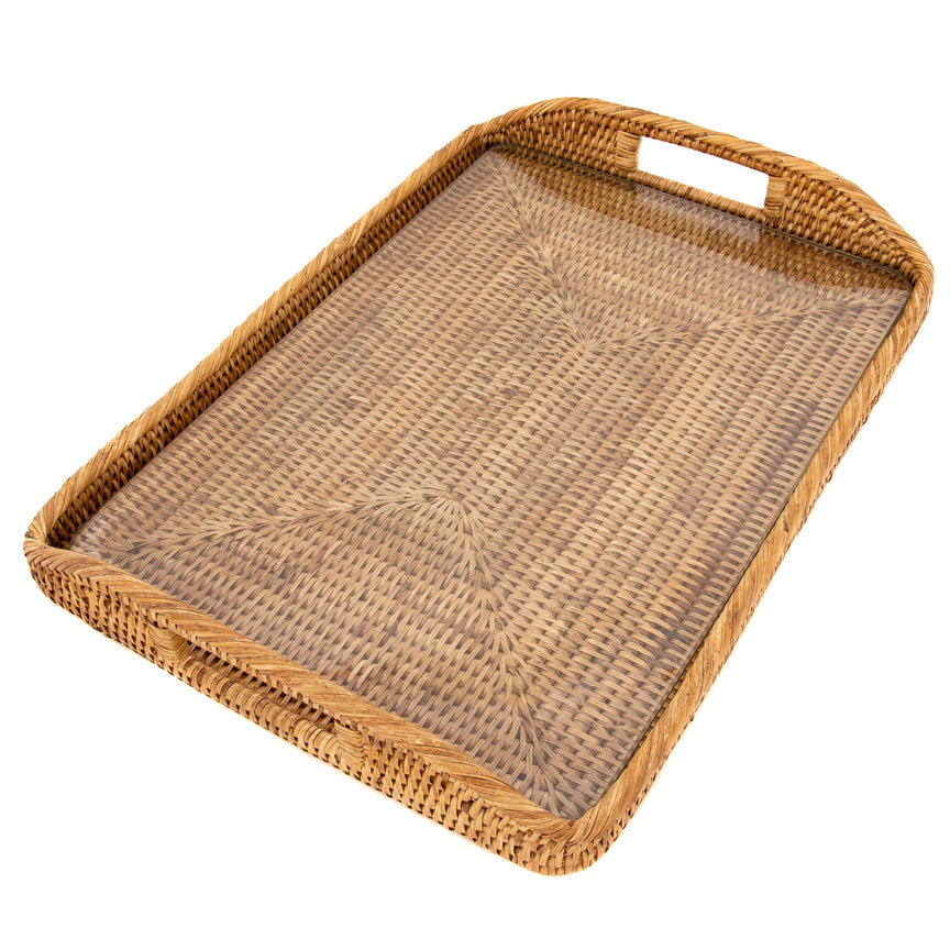 17" Rectangular Tray with Glass Insert - Honey Brown