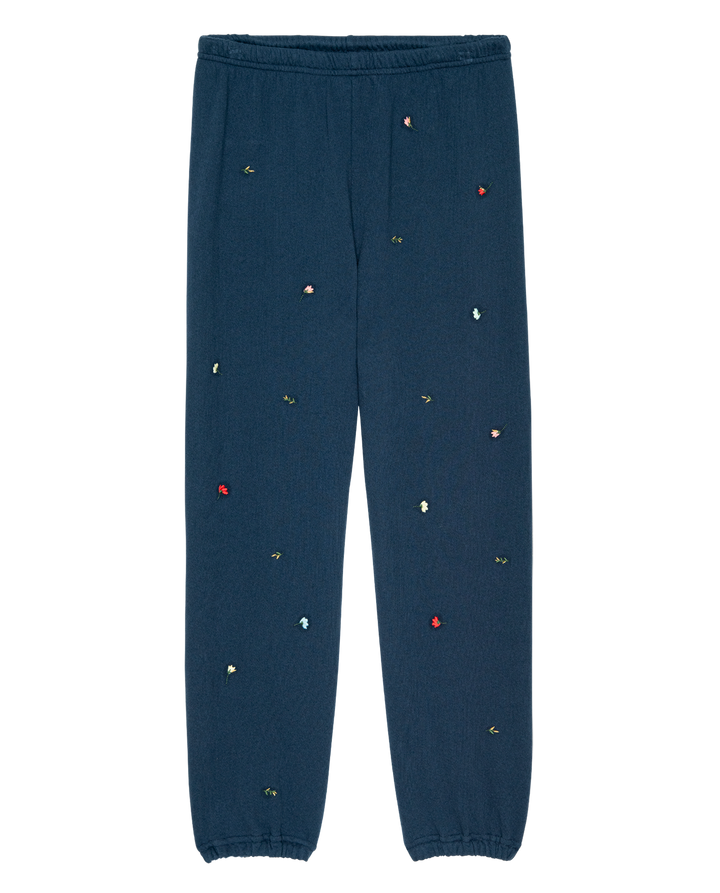 The Stadium Sweatpant with tossed Floral Embroidery - Navy