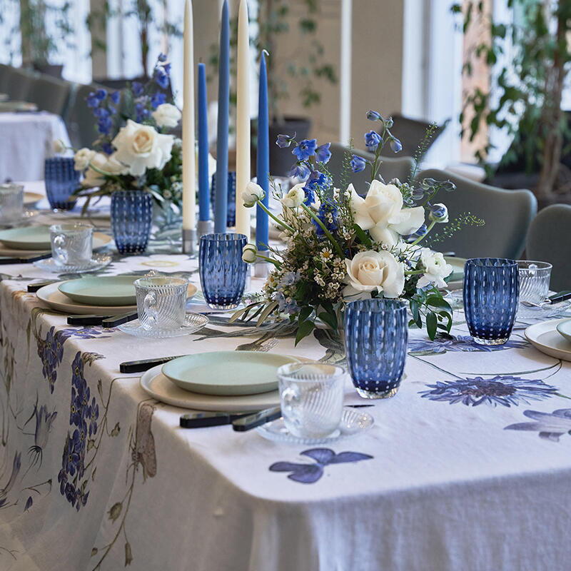 Blue Flower Garden Linen Tablecloth - 145cm x 220 cm/7.22ftx4.75ft