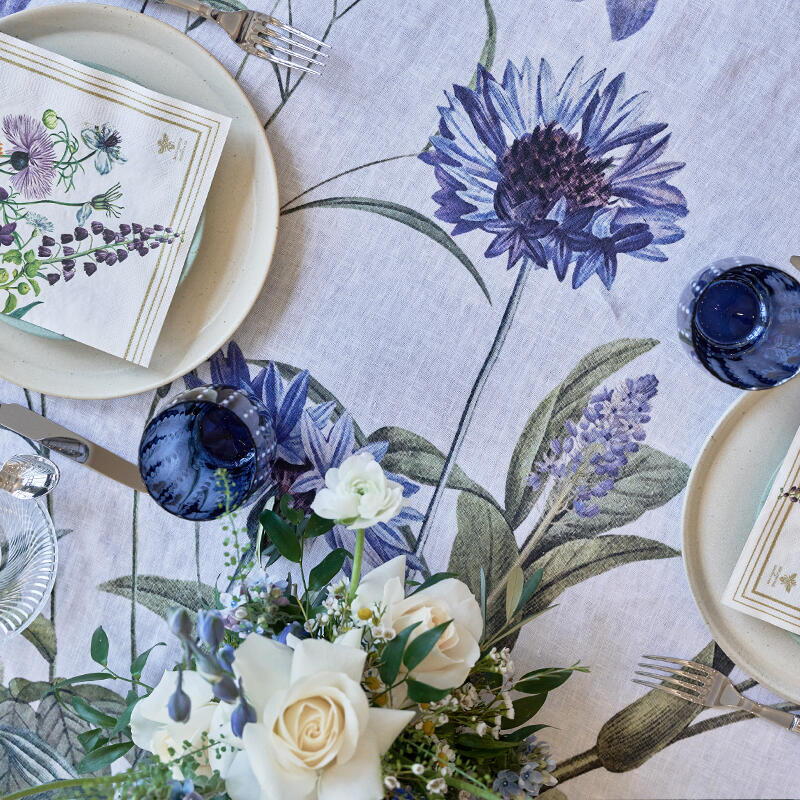 145cm x 220 cm Linen Tablecloth Blue Flower Garden