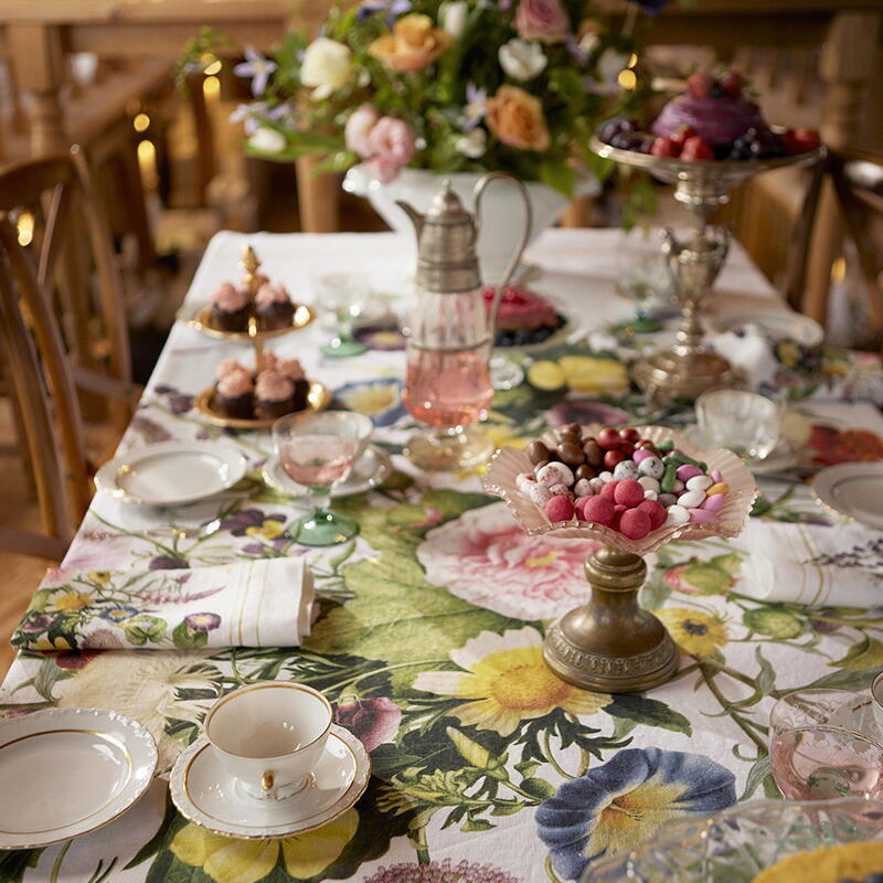 A Flower Garden Linen Tablecloth - 145cm x 350 cm/11.5ftx4.75ft