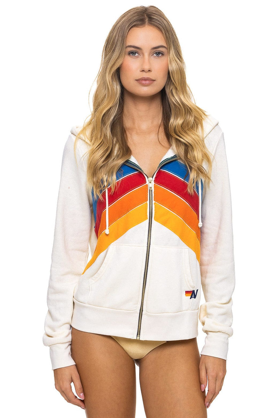 Mountain Stitch Chevron 4 Zip Hoodie - Vintage White