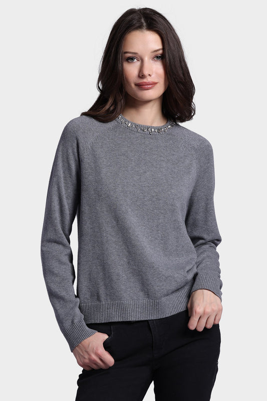 Cotton Cashmere Raglan Crew Jewel Neck Sweater - Grey Shadow