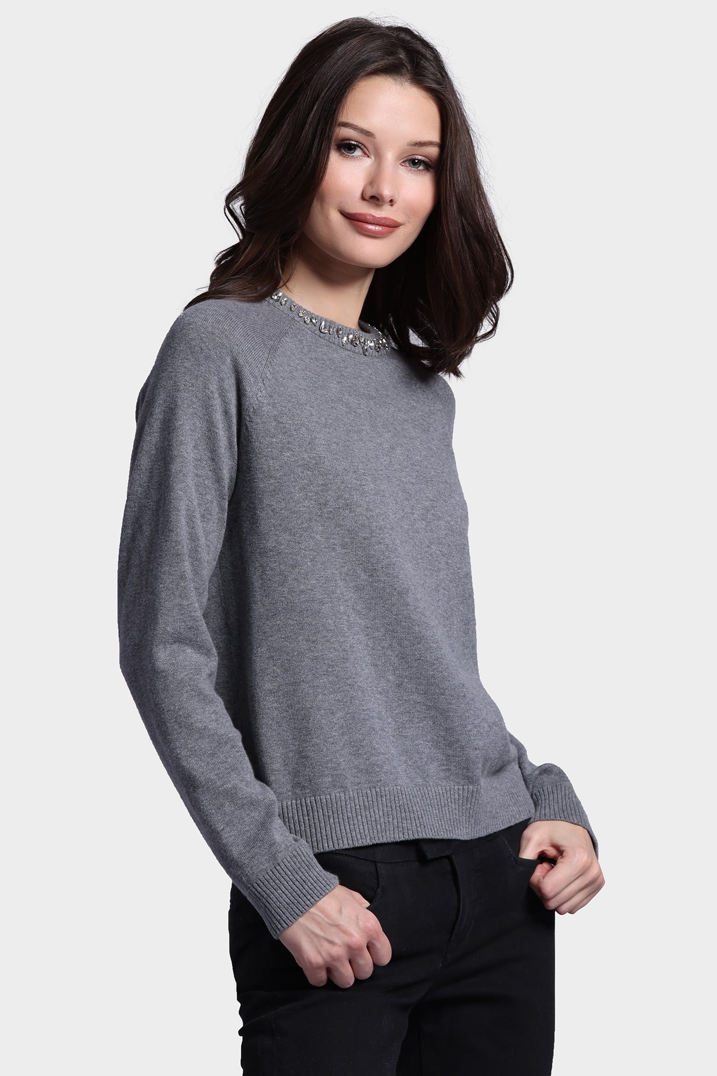 Cotton Cashmere Raglan Crew Jewel Neck Sweater - Grey Shadow