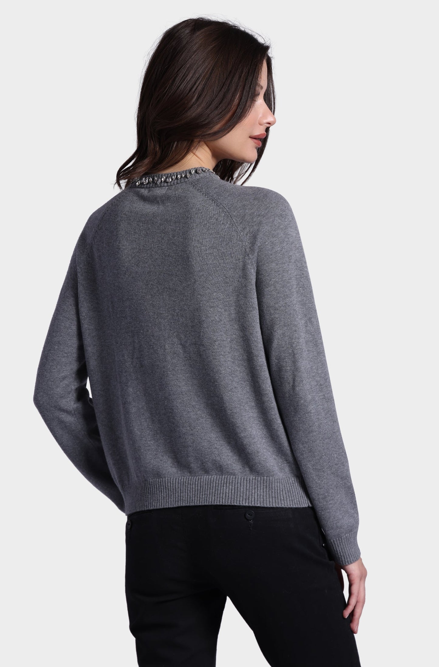 Cotton Cashmere Raglan Crew Jewel Neck Sweater - Grey Shadow