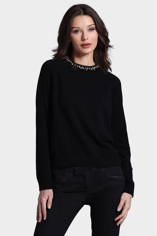 Cotton Cashmere Raglan Crew Jewel Neck Sweater - Black