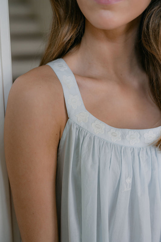Embroidered Tank Nightgown - Blue