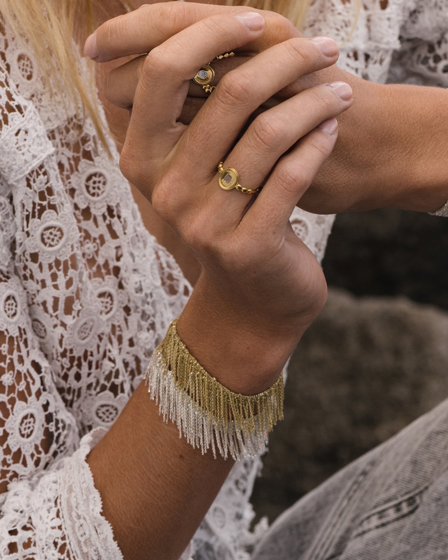 Woven Bracelet with Fringe - Silver