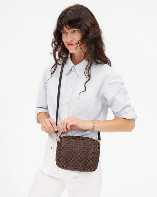 Midi Sac - Clay - Leather & Suede Woven Checker - Black/Chocolate