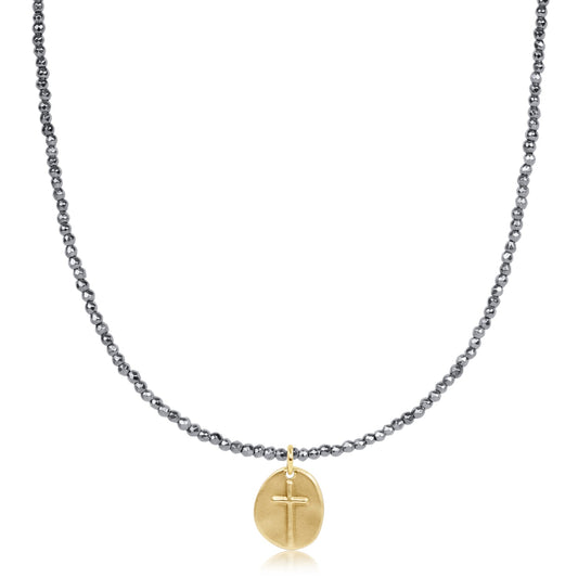 15" Choker Silver Faceted Hematite - 2mm Bead - Inspire Small Gold Charm