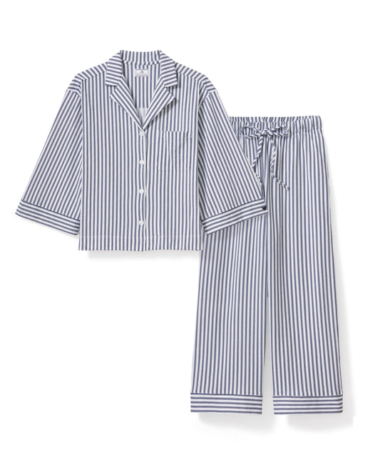 The Olivia Wide Leg Pima Pajama Set - Navy French Ticking