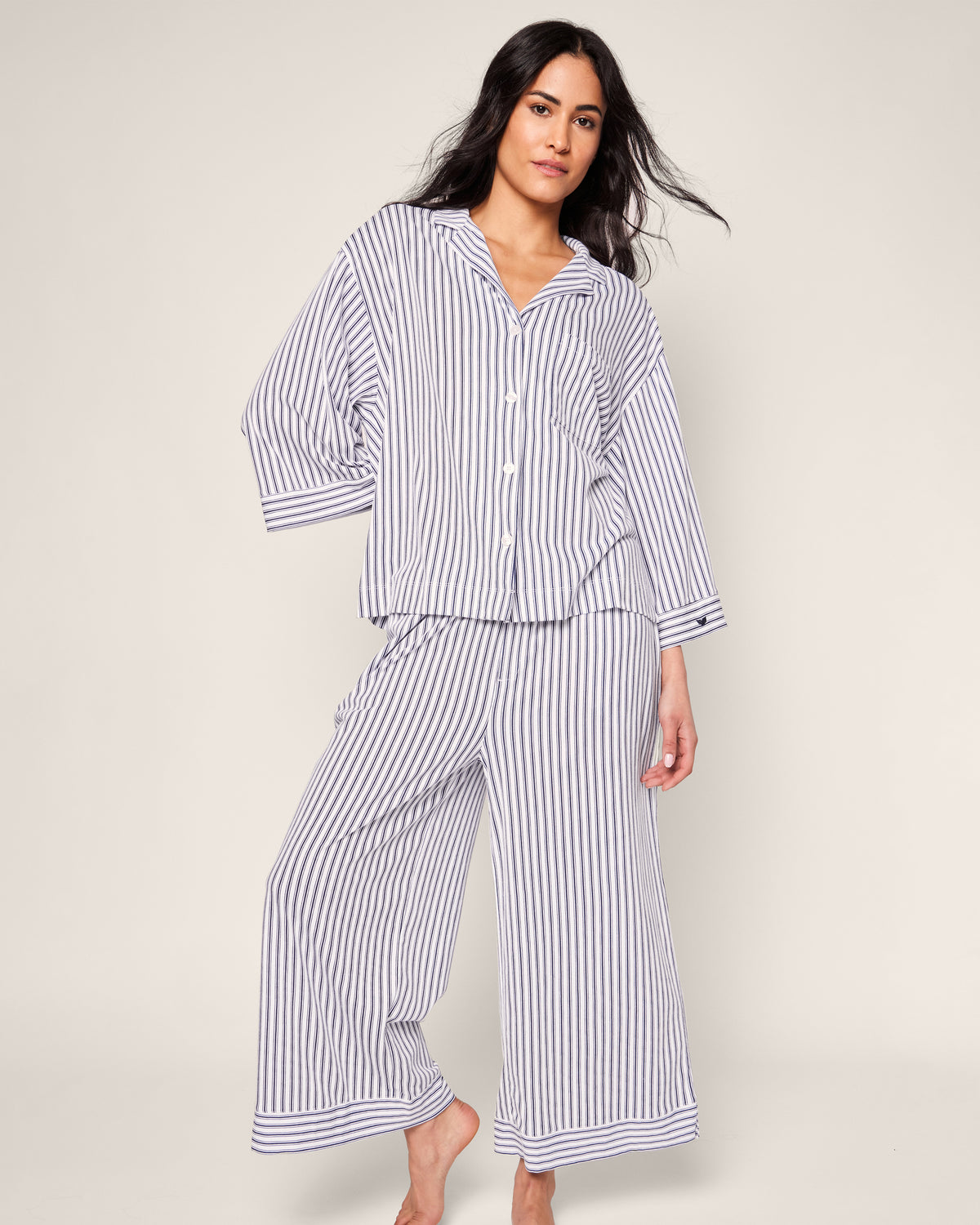 The Olivia Wide Leg Pima Pajama Set - Navy French Ticking