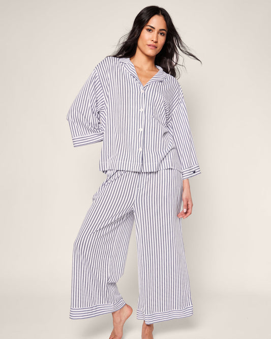 The Olivia Wide Leg Pima Pajama Set - Navy French Ticking