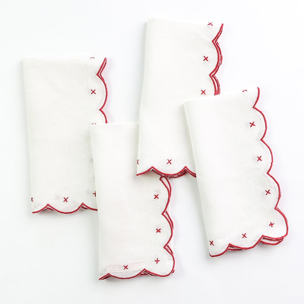 Set of 4 Scalloped Knot Red Embroidered Linen Napkin