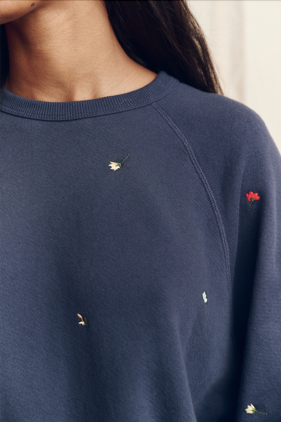 The College Sweatshirt with Tossed Floral Embroidery- Navy