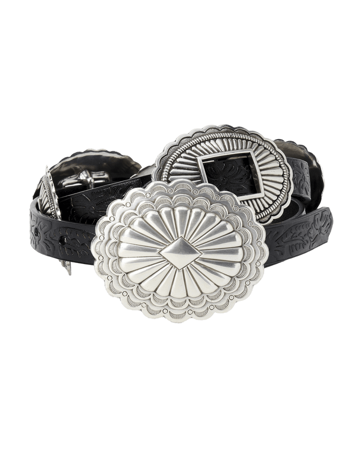 The Tooled Leather Concho Belt - Black with Silver