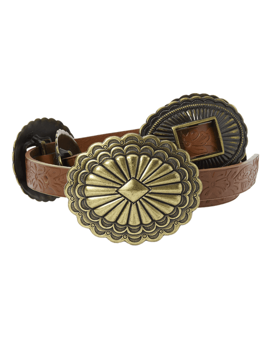 The Tooled Leather Concho Belt - Cognac with Brass
