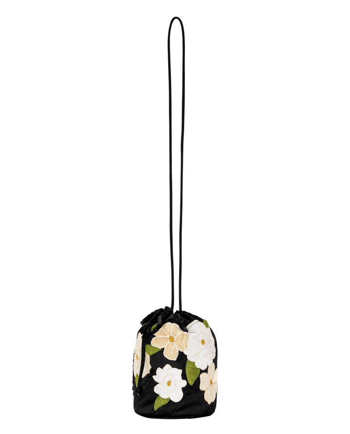 The Embroidered Cinched Bucket Bag - Black