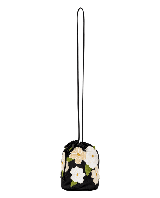 The Embroidered Cinched Bucket Bag - Black