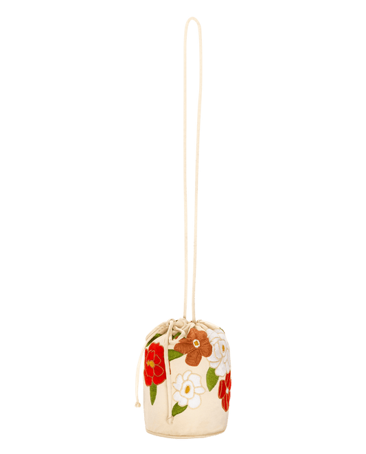 The Embroidered Cinched Bucket Bag - White