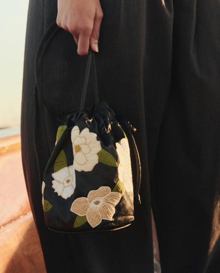 The Embroidered Cinched Bucket Bag - Black