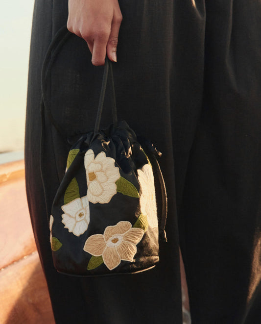 The Embroidered Cinched Bucket Bag - Black