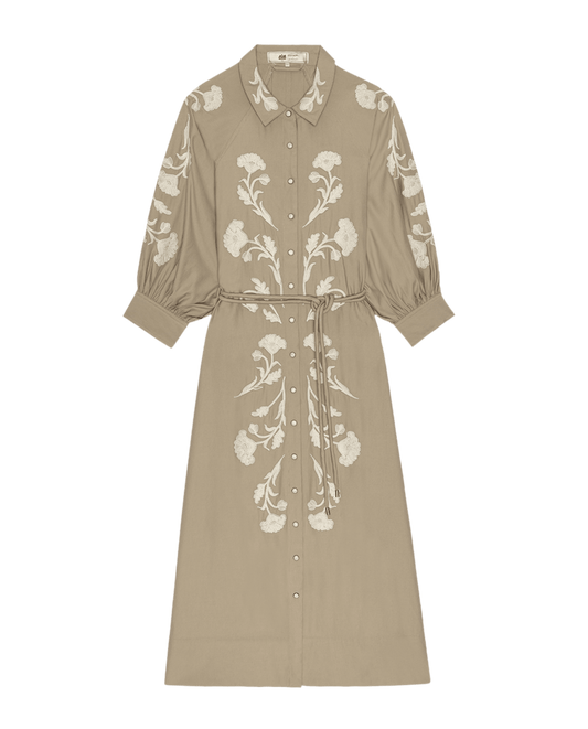 The Western Embroidered Herd Dress - Soft Tan with Cream Embroidery