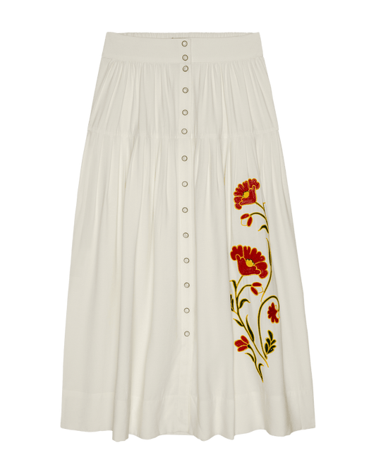 The Western Embroidered Highland Skirt - Cream With Chambray Mix Multi Embroidery