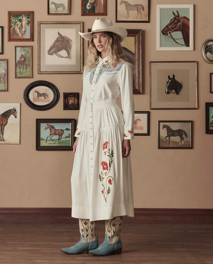 The Western Embroidered Highland Skirt - Cream With Chambray Mix Multi Embroidery