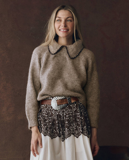 The Crochet Collar Pullover - Oat with Brown