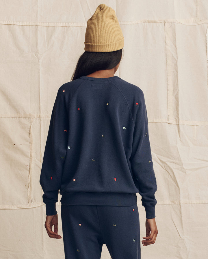 The College Sweatshirt with Tossed Floral Embroidery- Navy