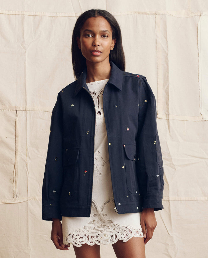 The Folsom Jacket with tossed Floral Embroidery - Navy