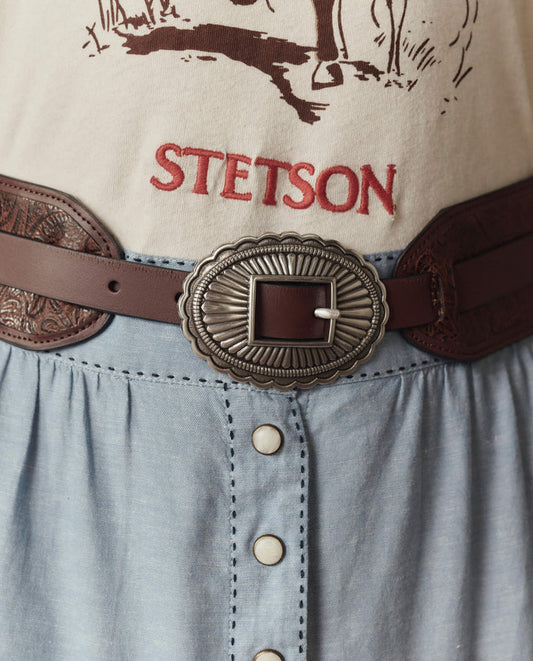 The Tooled Waist Belt - Brown with Silver