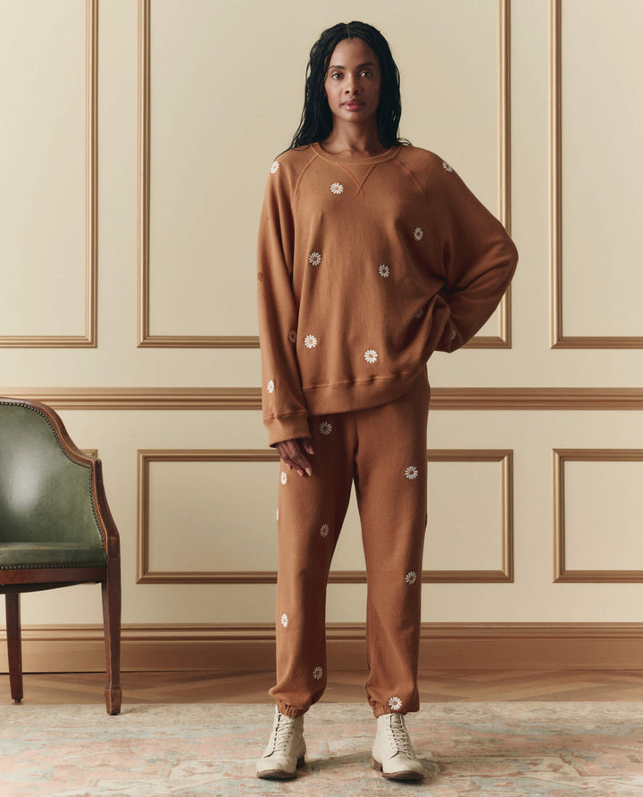 The Slouch Sweatshirt w/Floating Daisy Embroidery - Suntan