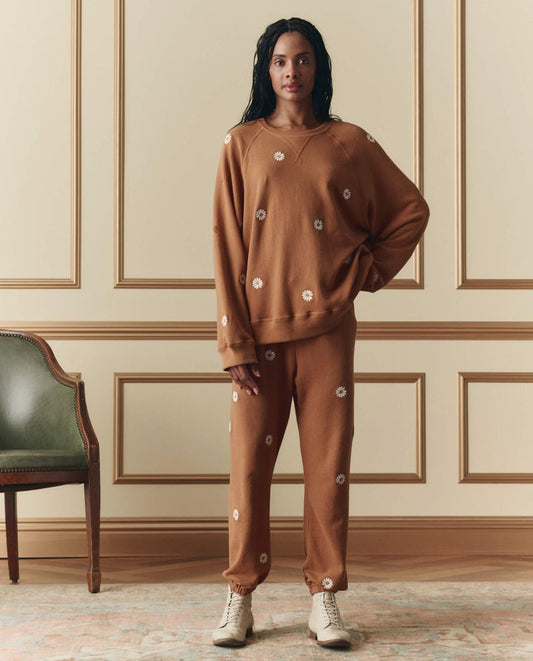 The Slouch Sweatshirt w/Floating Daisy Embroidery - Suntan