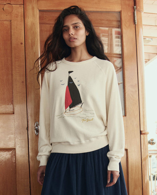 The College Sweatshirt W/ Sailing Boat Applique - Washed White