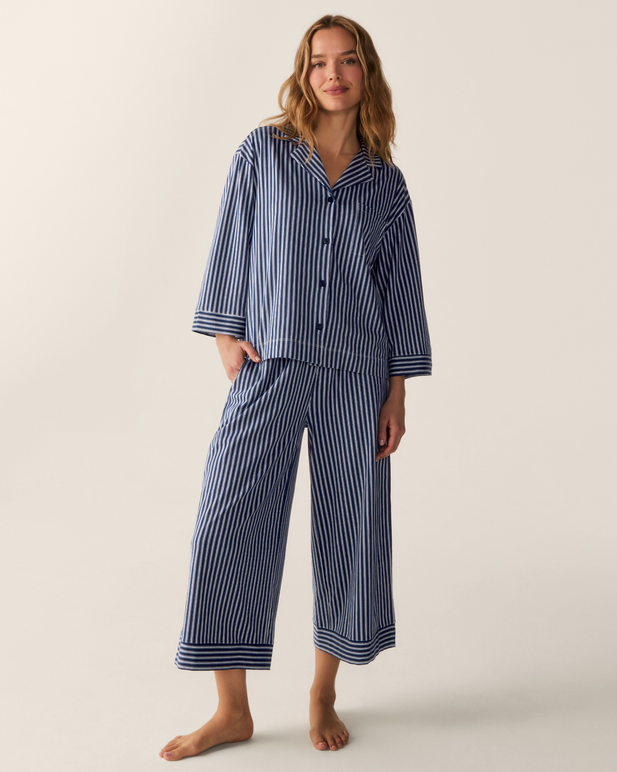 The Olivia Wide Leg Pima Pajama Set - Admiral Ticking Navy