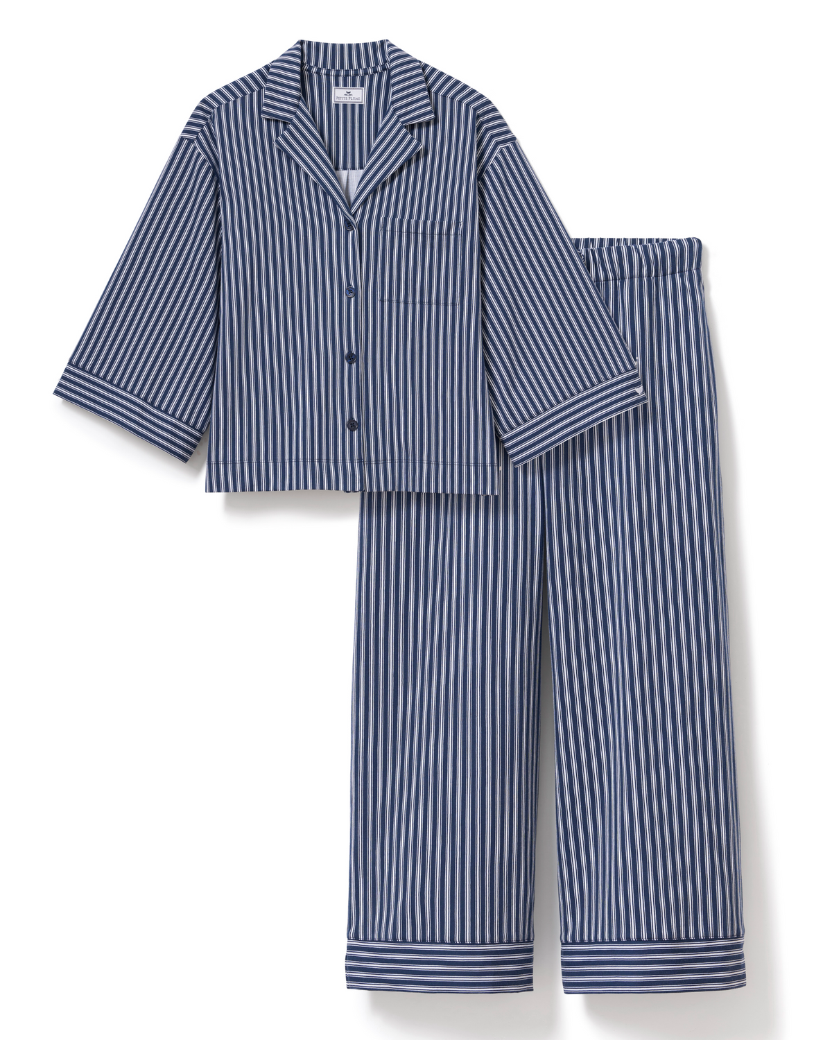 The Olivia Wide Leg Pima Pajama Set - Admiral Ticking Navy