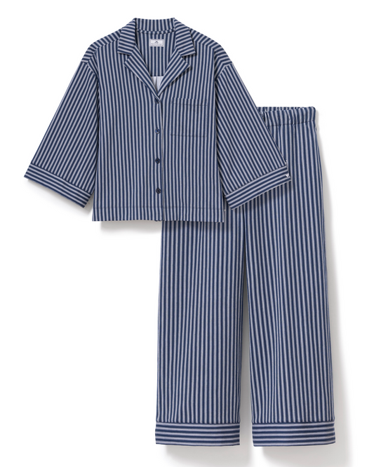 The Olivia Wide Leg Pima Pajama Set - Admiral Ticking Navy