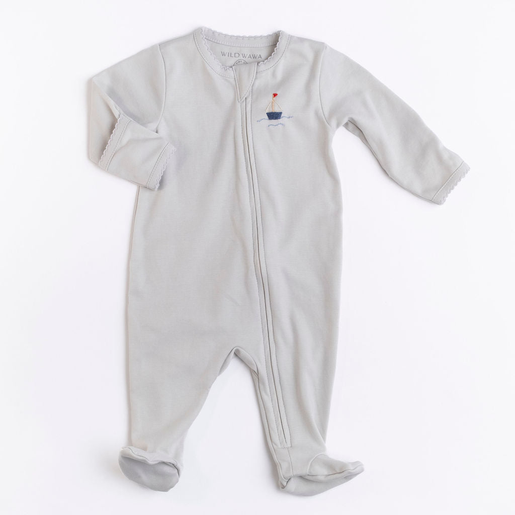 Pima Embroidered Footie - Blue Boat